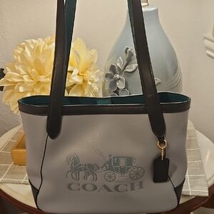 Coach Two-Tone Light Blue and Navy Tote With Green Interior 11 " X 9 "